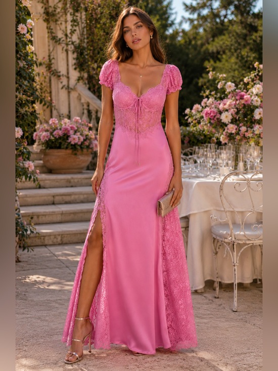 For Love And Lemons Dresses & Skirts - For Love & Lemons Casey Maxi Dress Pink Satin Lace Open Back Side Slit Women's M